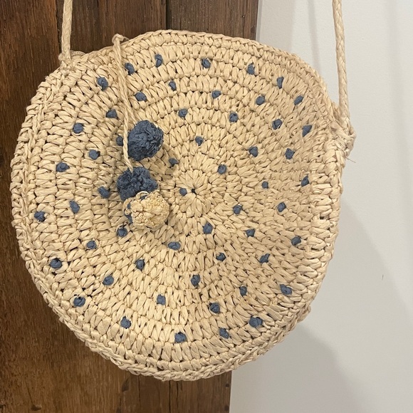 Circular Straw /Raffia Crossbody Bag with Pom Poms and Zipper Enclosure - Picture 3 of 9